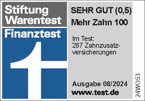 Finanztest-Siegel Sehr gut 0,5 für Mehr Zahn 100